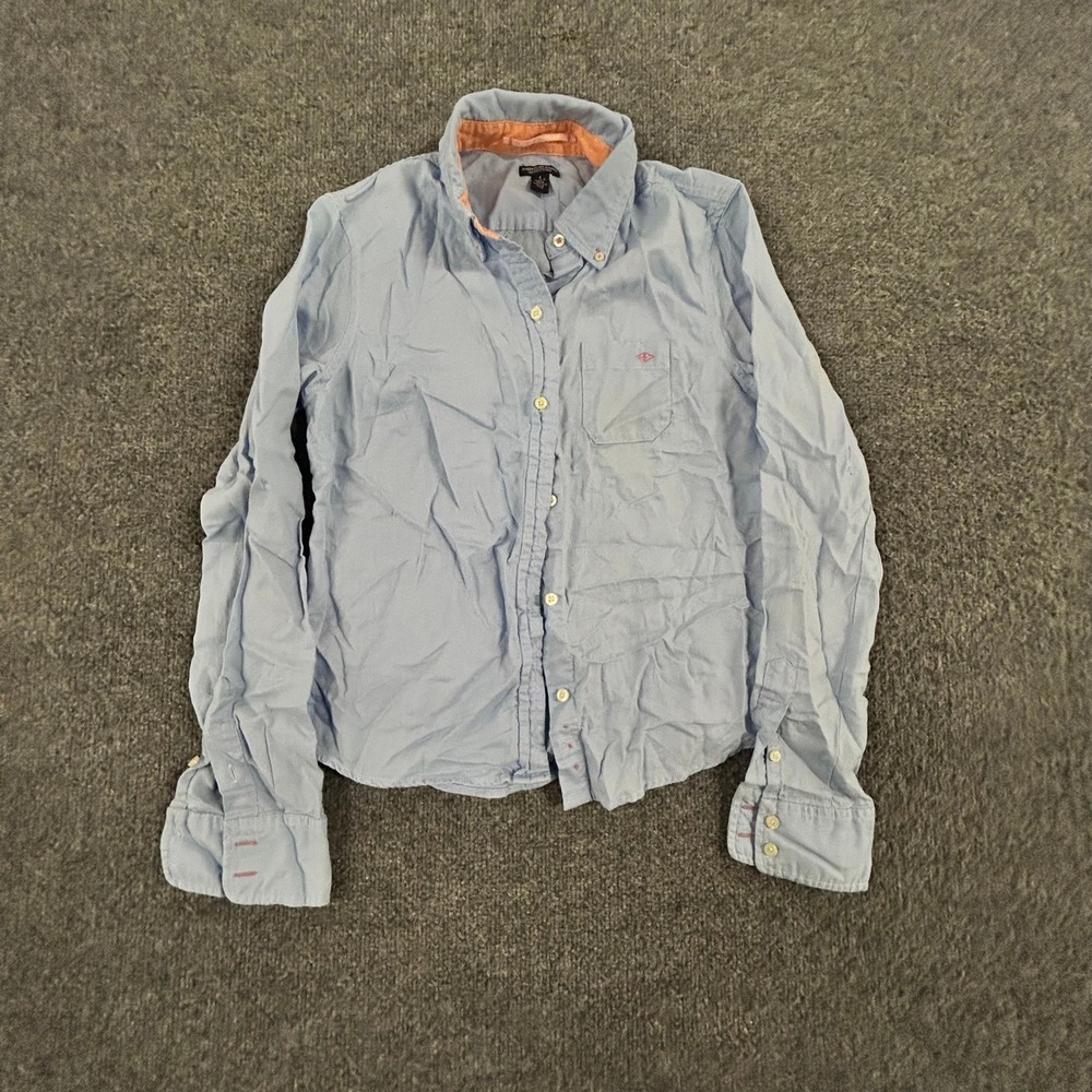 American Eagle Button Down Womens Size 4 Blue Oxford Long Sleeve Classic Stained